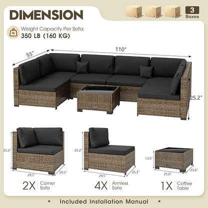 LHBcraft 7 Piece Outdoor Patio Furniture Set, Wicker Patio Furniture Set Outdoor Patio Sectional Sofa for Backyard Rattan Patio Seating with Black Cushion