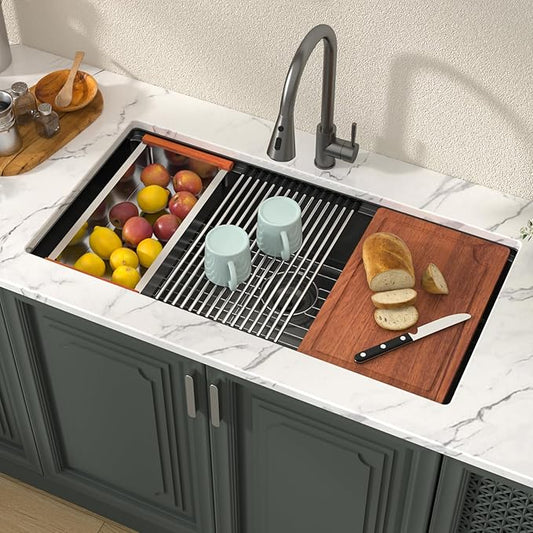 Lordear 36 Inch Kitchen Sink Black Undermount Kitchen Sink Workstation 16 Gauge Stainless Steel Single Bowl with Built-in Accessories, 36x19x9 Inch Gunmetal Black Nano-pvd