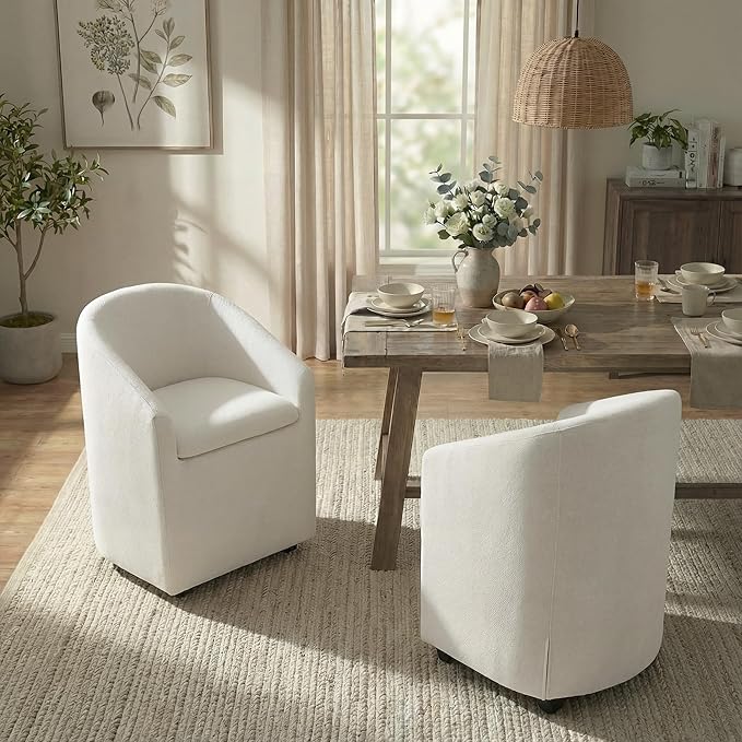 KISLOT Upholstered Dining Chairs with Casters, Washable Cover Modern Dining Room Chairs with Barrel Backrest & Dual Armrest for Kitchen, Living Room, Bedroom, Linen Fabric, 4PCS