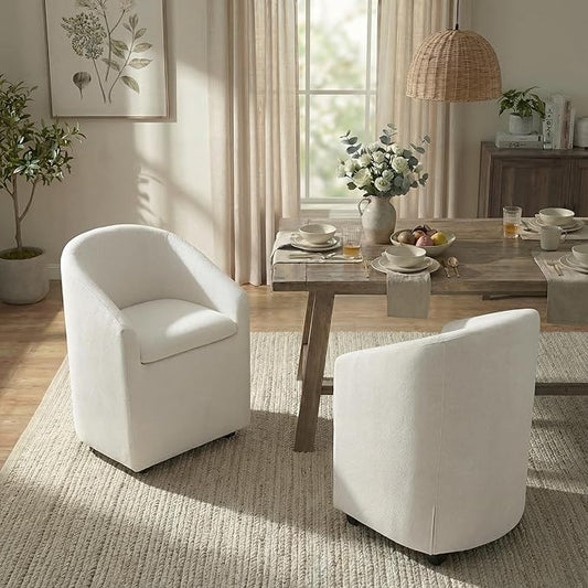 KISLOT Upholstered Dining Chairs with Casters, Washable Cover Modern Dining Room Chairs with Barrel Backrest & Dual Armrest for Kitchen, Living Room, Bedroom, Linen Fabric, 2PCS