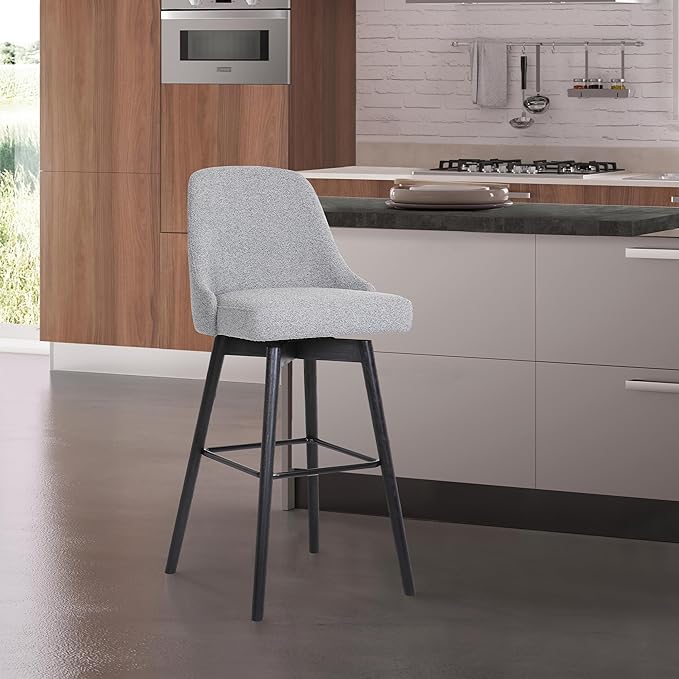 Armen Living Sicily Modern Farmhouse 30" Seat Height Swivel Black Wood Bar Stool for Kitchen Island Counter in Light Gray Fabric