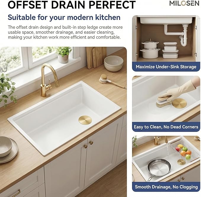 MILOSEN White Undermount Kitchen Sink, 27×18 Inch Integrated Workstation Ledge with Offset Drain, Granite Composite 9 Inch Under Counter Single Bowl Sinks Basin, Deep Quartz Sink with Accessories