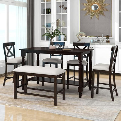 VilroCaz Modern Elegant 6-Piece Counter Height Kitchen Dining Table Set, Solid Wood 60'' Rectangle Table with Bottom Shelf, 4 Comfort Upholstered Chairs 1 Bench for Dining Room Restaurant (Espresso)
