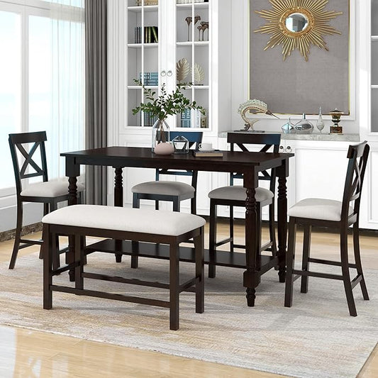 VilroCaz Modern Elegant 6-Piece Counter Height Kitchen Dining Table Set, Solid Wood 60'' Rectangle Table with Bottom Shelf, 4 Comfort Upholstered Chairs 1 Bench for Dining Room Restaurant (Espresso)