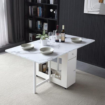 FUNROLUX Folding Dining Table with Rack and 2 Storage Drawers, Movable Extendable Space Saving Kitchen Table in 3 Forms (White)