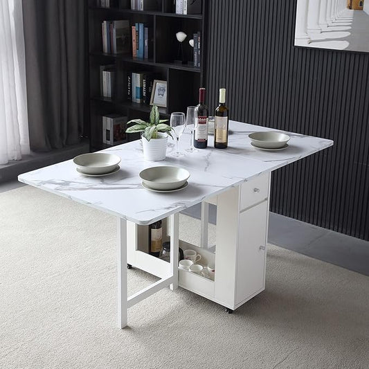FUNROLUX Folding Dining Table with Rack and 2 Storage Drawers, Movable Extendable Space Saving Kitchen Table in 3 Forms (White)