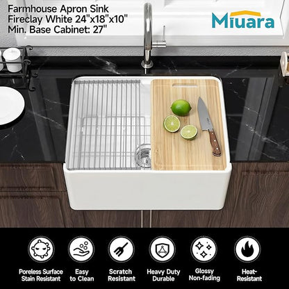 Miuara White Farmhouse Workstation Sink 24 Inch - Small Fireclay Apron Front Kitchen Sink Undermount 24"x18"x10", Farm House Style Heavy Duty Deep Single Bowl for Kitchen & Small Space