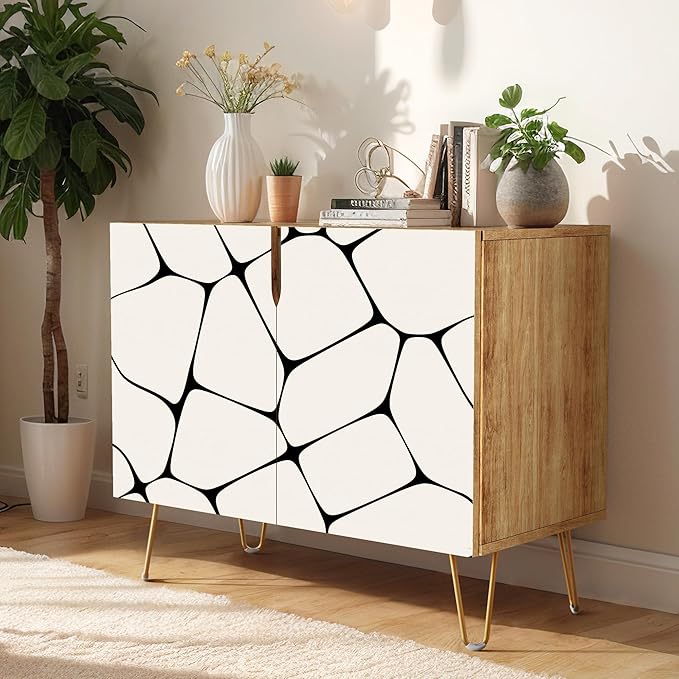 SIGNWIN Sideboard Buffet Cabinet, Kitchen Storage Cabinet with 2 Doors, Black & White Pebble Tile Patterns, Cupboard Console Table for Dining Room - 35" L x 18" W x 29" H