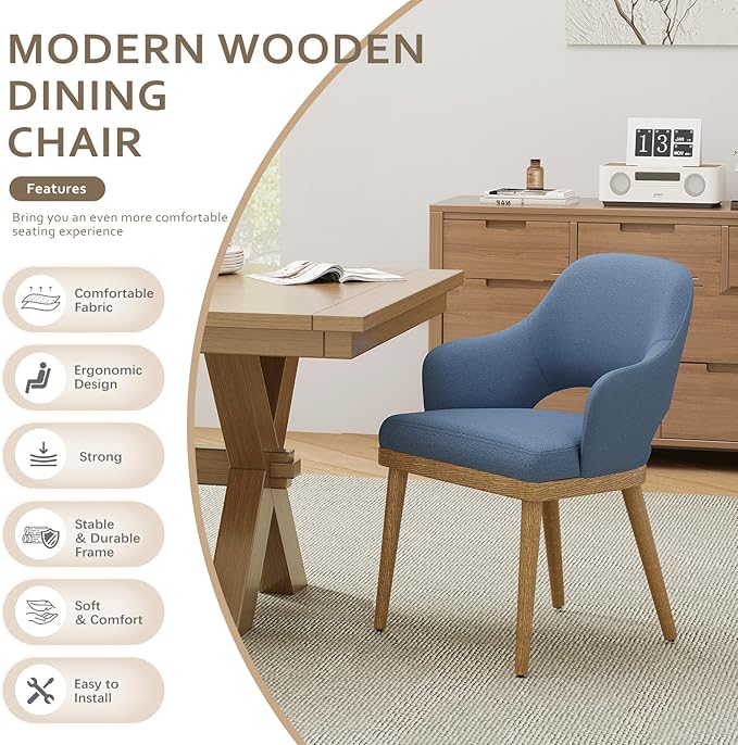 MALOL Wooden Dining Chairs Set of 4, Modern Fabric Upholstered Dining Room Chair, Kitchen Side Chairs, Farmhouse Dinner Chair with Open Back for Kitchen, Blue