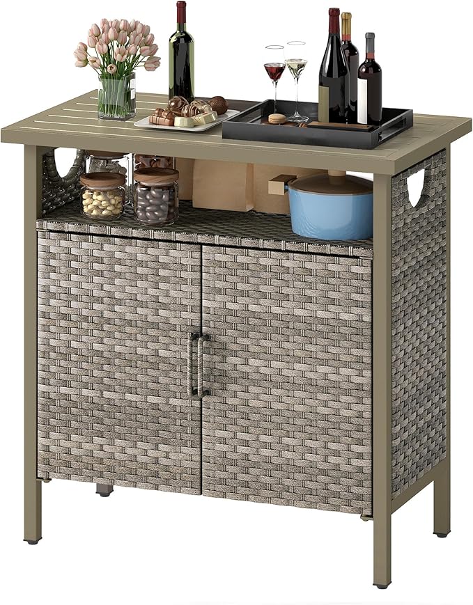 DWVO Patio Storage Cabinet, Outdoor Buffet Cabinet with Two Doors and Shelves, Outdoor Storage Table with PE Rattan for Patio, Backyard, Garden - Light Brown