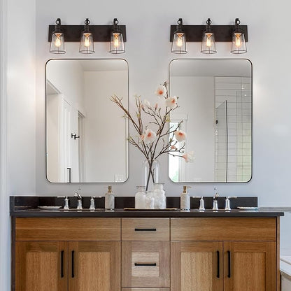 LALUZ Farmhouse Rusty Bathroom Light Fixtures, 3-Light Vanity Lights with Seeded Glass Shade Over Mirror