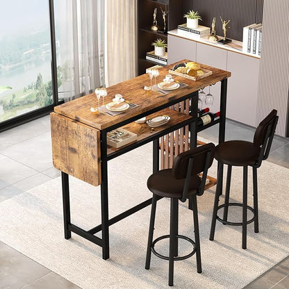 Recaceik 59" Bar Dining Table Set for 2, Bar Table and Chairs Set, Expandable Counter Height Dining Table Set, Small Kitchen Bar Table with Wine Racks & Storage, Breakfast Nook Set for Small Space