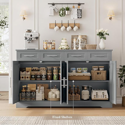 HOSTACK 60" Large Buffet Sideboard with Storage, 36" Tall Kitchen Buffet Storage Cabinet with 4 Drawers, Modern Coffee Bar Cabinet with Gold Handles, Long Sideboard Buffet Table for Kichen, Grey