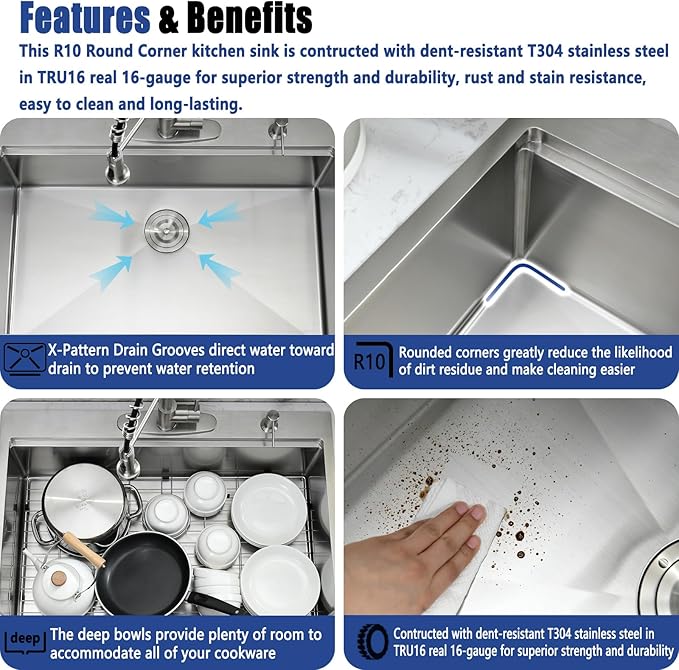 28x22 Drop In Kitchen Sink and Faucet Combo Set - 28 Inch Drop In Kitchen Sink Single Bowl, Stainless Steel 10 Inch Deep Workstation Drop-in Sinks with Accessories