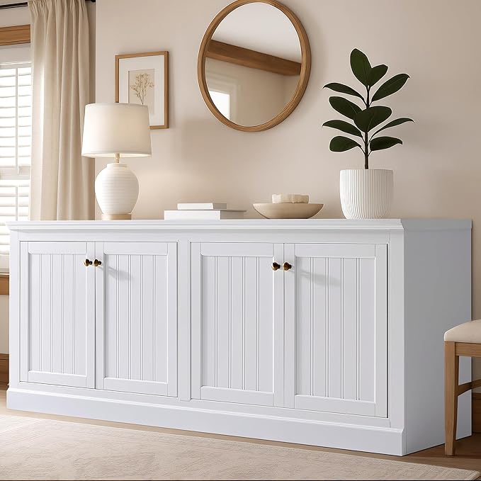 AMERLIFE 72" Farmhouse Sideboard Buffet Cabinet with Barn Doors, Storage Console Table with Adjustable Shelves, Coffee Bar/TV Stand for Living Room, Kitchen, Entryway, White