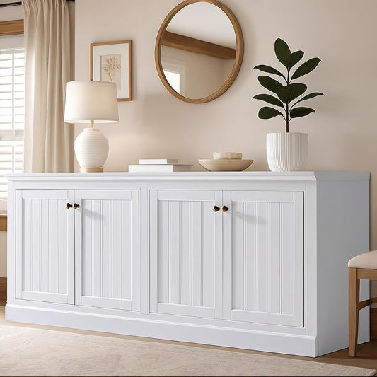AMERLIFE 72" Farmhouse Sideboard Buffet Cabinet with Barn Doors, Storage Console Table with Adjustable Shelves, Coffee Bar/TV Stand for Living Room, Kitchen, Entryway, White