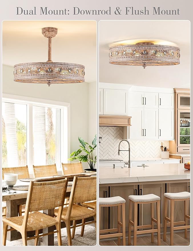 24 Inch Chandelier Ceiling Fan with Light,24" Rustic Farmhouse Caged Bladeless Fandelier,Enclosed Cottage Country Cabin Crystal Light Fixture,Hanging/Flush Mount for Bedroom,Dining Room,Living Room