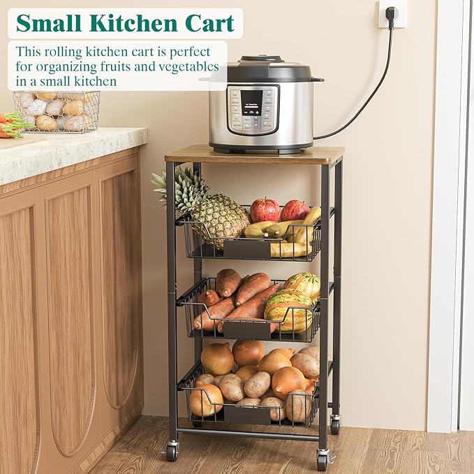XYZLVSI Kitchen Storage Cart with Wheels, 4-Tier Metal Utility Rolling Cart Fruit Vegetable Storage Basket Pantry Rack with Wood Top & Pull Out Baskets for Kitchen, Livingroom, Diningroom, Office