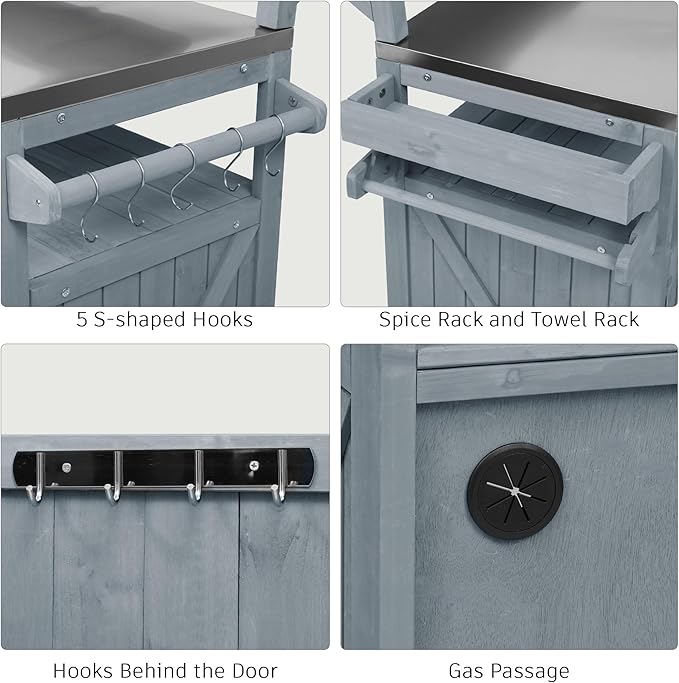 YOPTO 53.3" Outdoor Kitchen Island with Raised Shelf,Solid Wood Grill Cart,Stainless Steel Top,Adjustable Shelf,Spice Rack,Lockable Wheels,Grey Blue