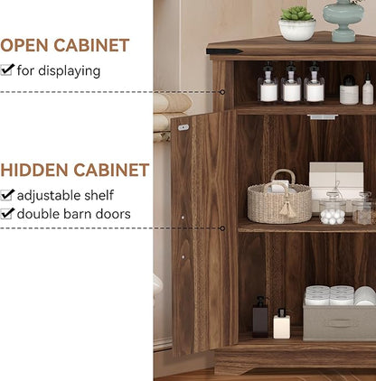 GarveeHome Corner Bathroom Cabinet, Small Corner Cabinet with Barn Doors & Adjustable Shelf, Farmhouse Bathroom Table with Storage for Small Spaces, Kitchen, Living Room, Brown