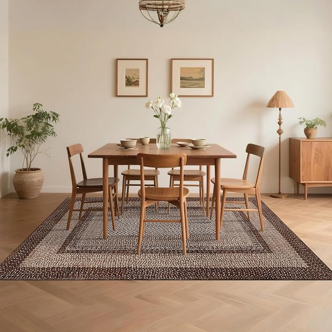 Printed Washable Area Rugs 5x7 Rug for Living Room Non Slip Modern Soft Area Rug for Bedroom Farmhouse Braided Throw Rugs Contemporary Stain Resistant Carpet for Dining Room 5'x7' Dark Brown