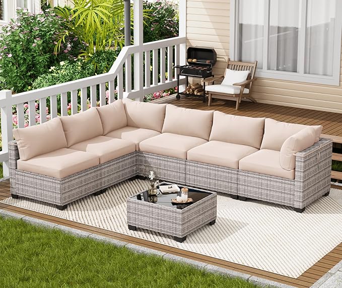 LOUVIXA 7 Piece Outdoor Patio Furniture Set, Outdoor Sectional Sofa, Wicker Rattan Patio Furniture, Patio Conversation Set with Coffee Table & Cushions