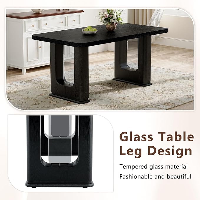 64.5 x 35.4 Inch Modern Black Wood Textured Dining Table with Glass Accent, MDF Top, Anti-Slip Feet for Kitchen, Studio, Family Gatherings