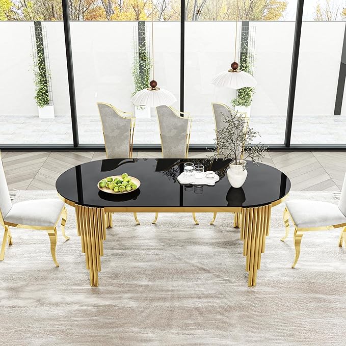 Luxury Modern 70" Oval Black Dining Table with Tempered Glass Top and Gold Stainless Steel Base – Elegant Dining Room Furniture