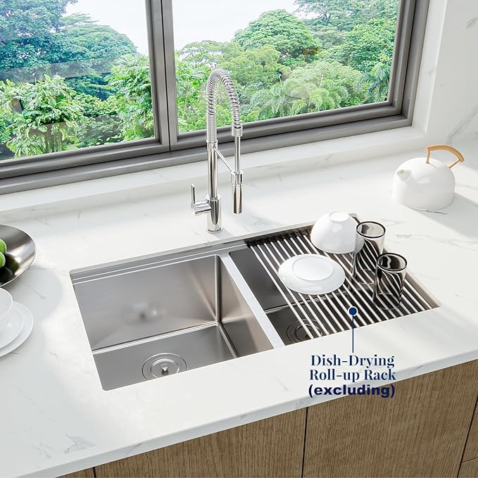 GarveeTech Undermount Kitchen Sink 36 x 19 x 10 Inch, Double Bowl Stainless Steel Sink with Integrated Ledge, Brushed Finish, Includes Bottom Grids & Drain Assemblies