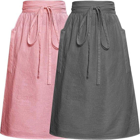 Cityelf Cotton Linen Half Apron for Women Vintage Waist Apron Ruffle Plain Bright Color for Cooking Painting Artwork