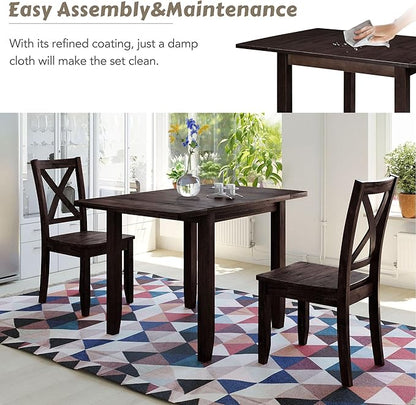 Merax Compact Dining Set for 2 Small Folding Kitchen Table with 2 Chairs Wood Dining Room Table Set for 2 with Foldable Table with Drop Leaf and High Back Chairs