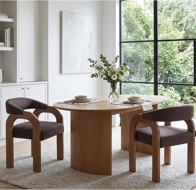 Farmhouse Dining Chairs Set of 4 - Upholstered Armchairs with Linen Cushions & Curved Wooden Arms, Barrel Wood Kitchen Chairs for Dining Room/Cafe/Kitchen Island (Espresso Brown)