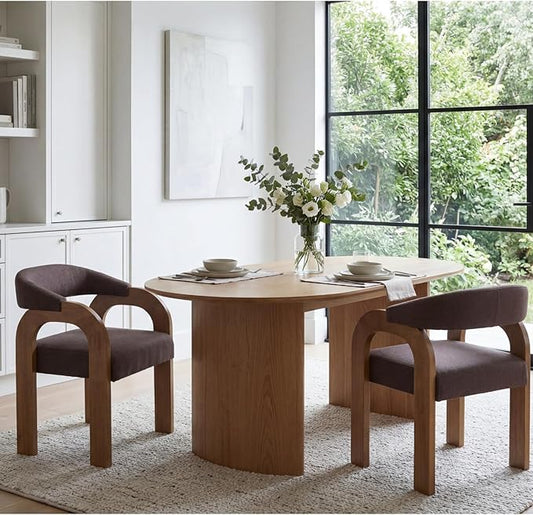 Farmhouse Dining Chairs Set of 2 - Upholstered Armchairs with Linen Cushions & Curved Wooden Arms, Barrel Wood Kitchen Chairs for Dining Room/Cafe/Kitchen Island (Espresso Brown)