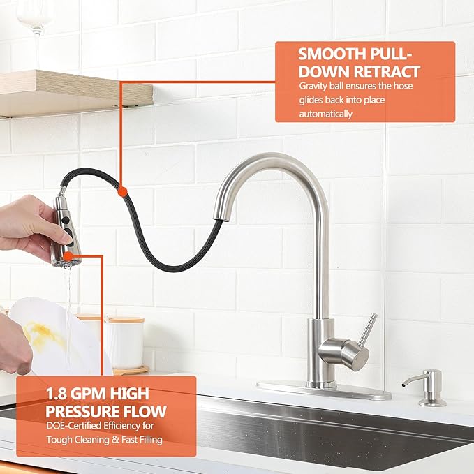 HOTIS Kitchen Faucet with Soap Dispenser, Brushed Nickel Kitchen Faucet with Pull Down Sprayer 3 Modes, High Arc Single Handle RV Bar Sink Faucets for Farmhouse RV Laundry Camper, HT-SLYT004L-S-1