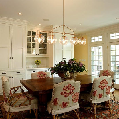 Modern Linear Chandelier Gold 5 Light Dining Room Linear Chandelier with Seeded Glass Globe 39 Inch Kitchen Island Pendant Light Electroplated Copper Finish for Farmhouse Living Room