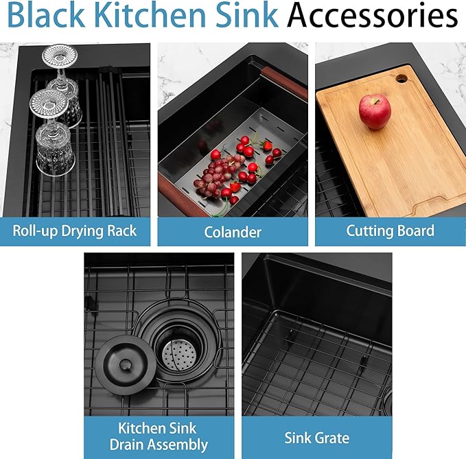 LQS Black Drop In Kitchen Sink, 33x22 Drop In Kitchen Sink, 16 Gauge Stainless Steel Sink Top Mount Deep & Large Sink with Multifunctional Workstation Kitchen Sinks and Practical Accessories