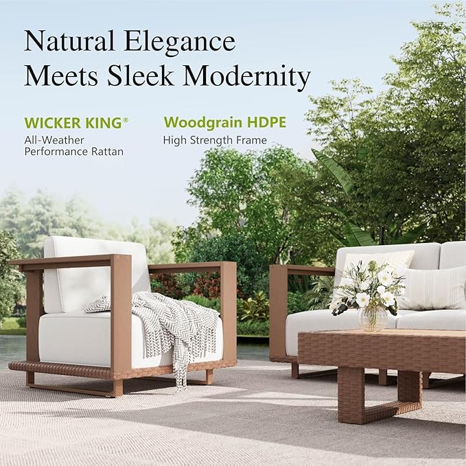 Sophia & William HDPE Patio Furniture Set，Modern Outdoor Sectional Sofa Set with 9.8" Cushions and 43.5" Wood Grain Coffee Table, Deep Seating Outdoor Conversation Set for Backyard(Beige, 5 Pieces)