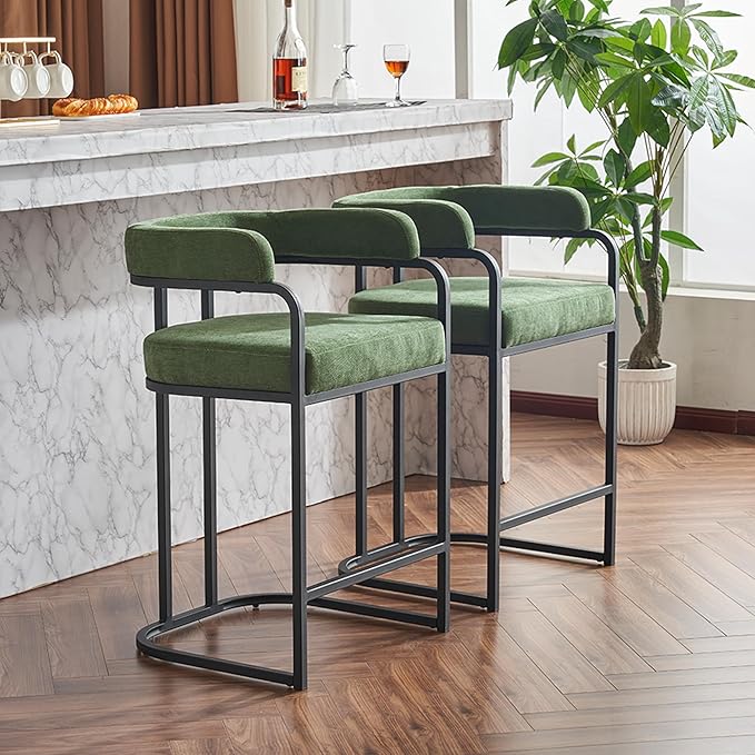 Modern Chenille Bar Stools Set of 2, Upholstered Counter Height Chairs with Metal e Armrests, Soft Chenille Fabric Bar Chairs for Kitchen Island, Dining Room, Home Bar,Green UR67