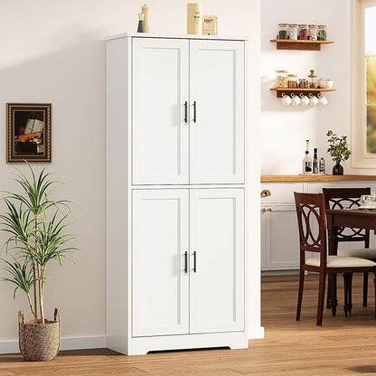 IDEALHOUSE Pantry Cabinet,70" Tall Kitchen Pantry Cabinet with 4 Doors and 3 Adjustable Shelves, Freestanding Cupboard, Modern Storage Cabinet for Bathroom, Dining Room, Living Room (White)