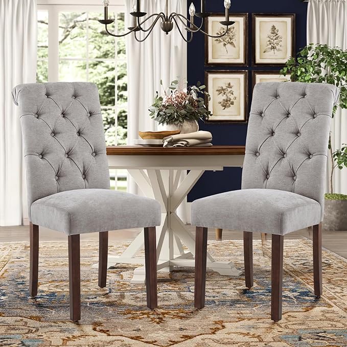Tufted Dining Chairs Set of 4, Upholstered Parsons Dining Room Chairs, Fabric Kitchen Side Chair with Wood Legs, Light Grey