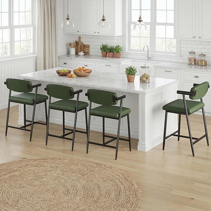 GarveeHome Counter Height Bar Stools Set of 8 with Armrests, 26" Upholstered 8pcs Tall Bar Stools Set, Long Backrest & Extra Thick Cushion, Modern High Barstools for Kitchen Island, Pub, Rustic Green
