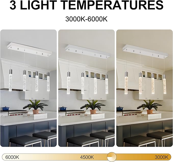 4 Light Pendant Lights Kitchen Island, Modern Chrome Crystal Pendants with Dimmable 3000K-6000K LED Ceiling Hanging Light Fixture for Dining Room Bedroom, Adjustable Height 59"