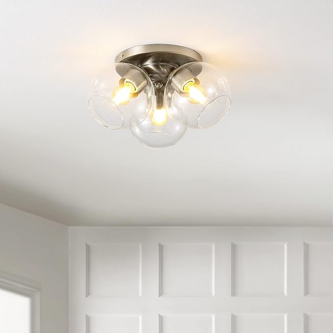 JONATHAN Y 11.5" Nickel/Clear 3-Light Semi Flush Mount Ceiling Light, Farmhouse Rustic Iron Fixture for Kitchen Bedroom, Clear Glass Shade, LED Bulbs Included (JYL7568B)