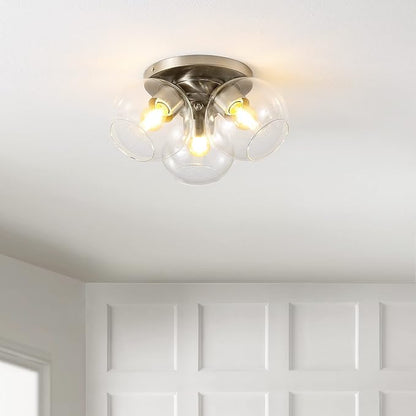 JONATHAN Y 11.5" Nickel/Clear 3-Light Semi Flush Mount Ceiling Light, Farmhouse Rustic Iron Fixture for Kitchen Bedroom, Clear Glass Shade, LED Bulbs Included (JYL7568B)