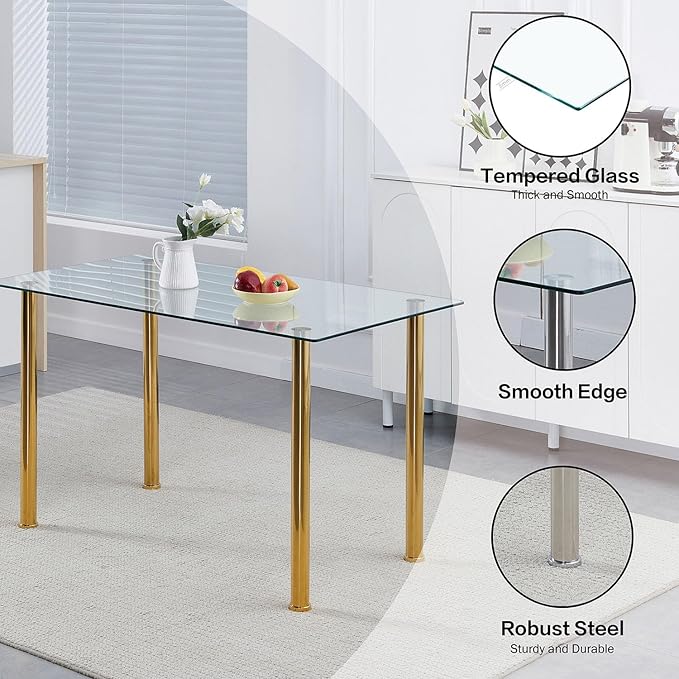 Glass Dining Table for 4, 47.2" Modern Clear Tempered Glass top Dining Room Table with Gold Legs for Kitchen, Small Space