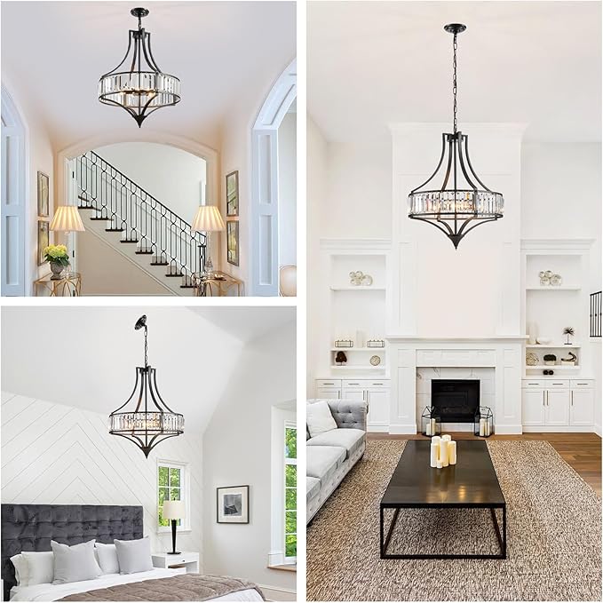 Crystal Chandeliers for Dining Room Rustic Farmhouse Chandelier with Round Metal Shade 6-Light Black Large Crystal Light Fixture for Kitchen Island Hallway Bedroom Home Office