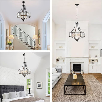 Crystal Chandeliers for Dining Room Rustic Farmhouse Chandelier with Round Metal Shade 6-Light Black Large Crystal Light Fixture for Kitchen Island Hallway Bedroom Home Office