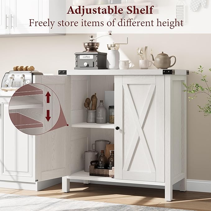 GarveeHome Small Storage Cabinet, Farmhouse Sideboard Buffet Cabinet with 2 Doors and Adjustable Shelves, Accent Entryway Console Cabinets for Living Room, Dining Room (White, 2 Pieces)