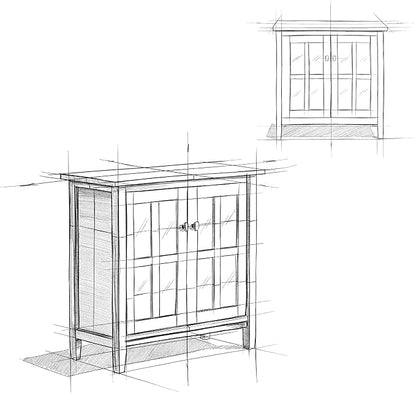 SIMPLIHOME Warm Shaker Storage Cabinet - 32 inch Wide Solid Wood 2-Shelf Low Storage Cabinet in Light Golden Brown, Transitional Accent Cabinet for Entryway with Tempered Glass Doors and Shelves
