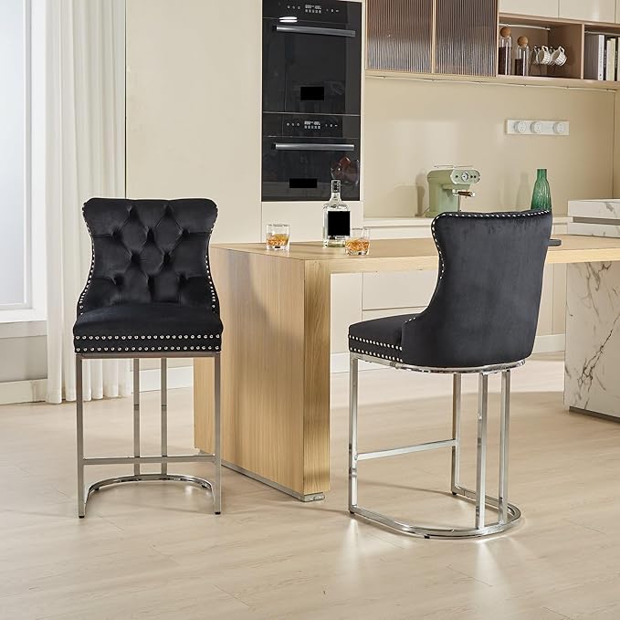 26" Counter Height Bar Stools Set of 2, Modern Velvet Barstools with Button Back&Rivet Trim Upholstered Kitchen Island Chairs with Sturdy Chromed Metal Base Legs